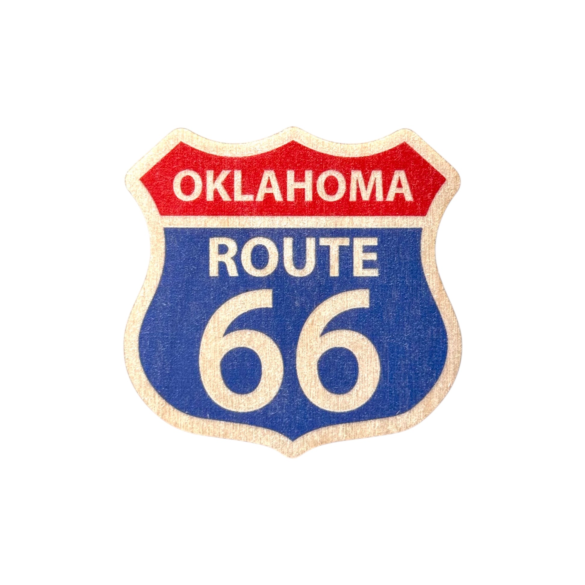 Oklahoma Route 66 wooden veneer sticker in classic highway shield shape with red, white, and blue printed design, real wood Route 66 travel souvenir