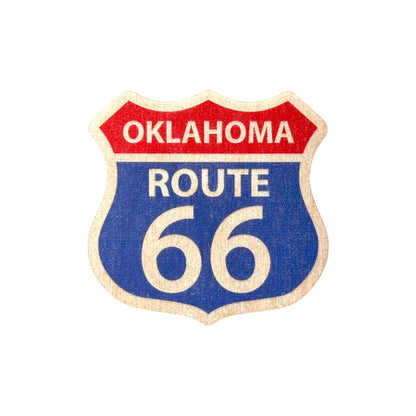 Oklahoma Route 66 wooden veneer sticker in classic highway shield shape with red, white, and blue printed design, real wood Route 66 travel souvenir