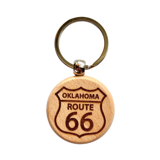 Oklahoma Route 66 wooden keychain with engraved Route 66 shield and metal keyring, laser cut wood souvenir