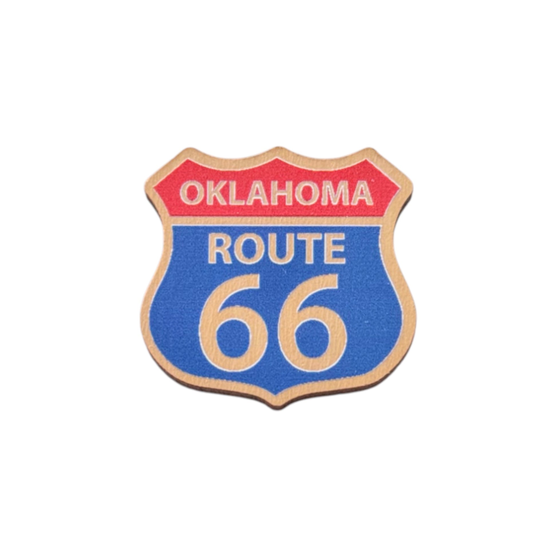Oklahoma Route 66 wooden lapel pin showing classic highway shield design in red, blue, and white on wood, Route 66 souvenir pin