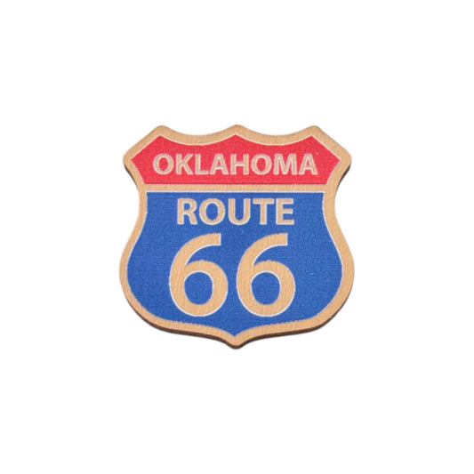 Oklahoma Route 66 wooden lapel pin showing classic highway shield design in red, blue, and white on wood, Route 66 souvenir pin