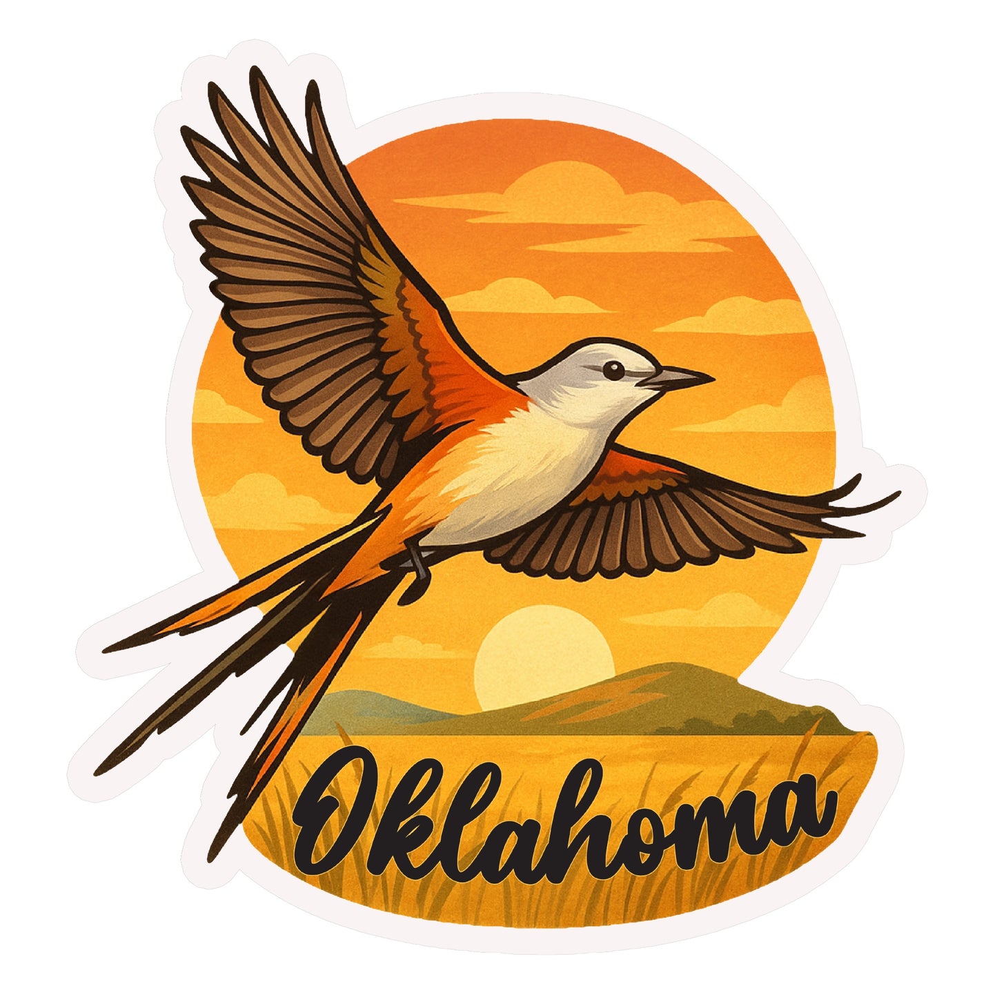 Oklahoma scissortail flycatcher sunset sticker showing the state bird in flight over a golden prairie sunset with bold Oklahoma script lettering, colorful Oklahoma souvenir decal for laptops and water bottles