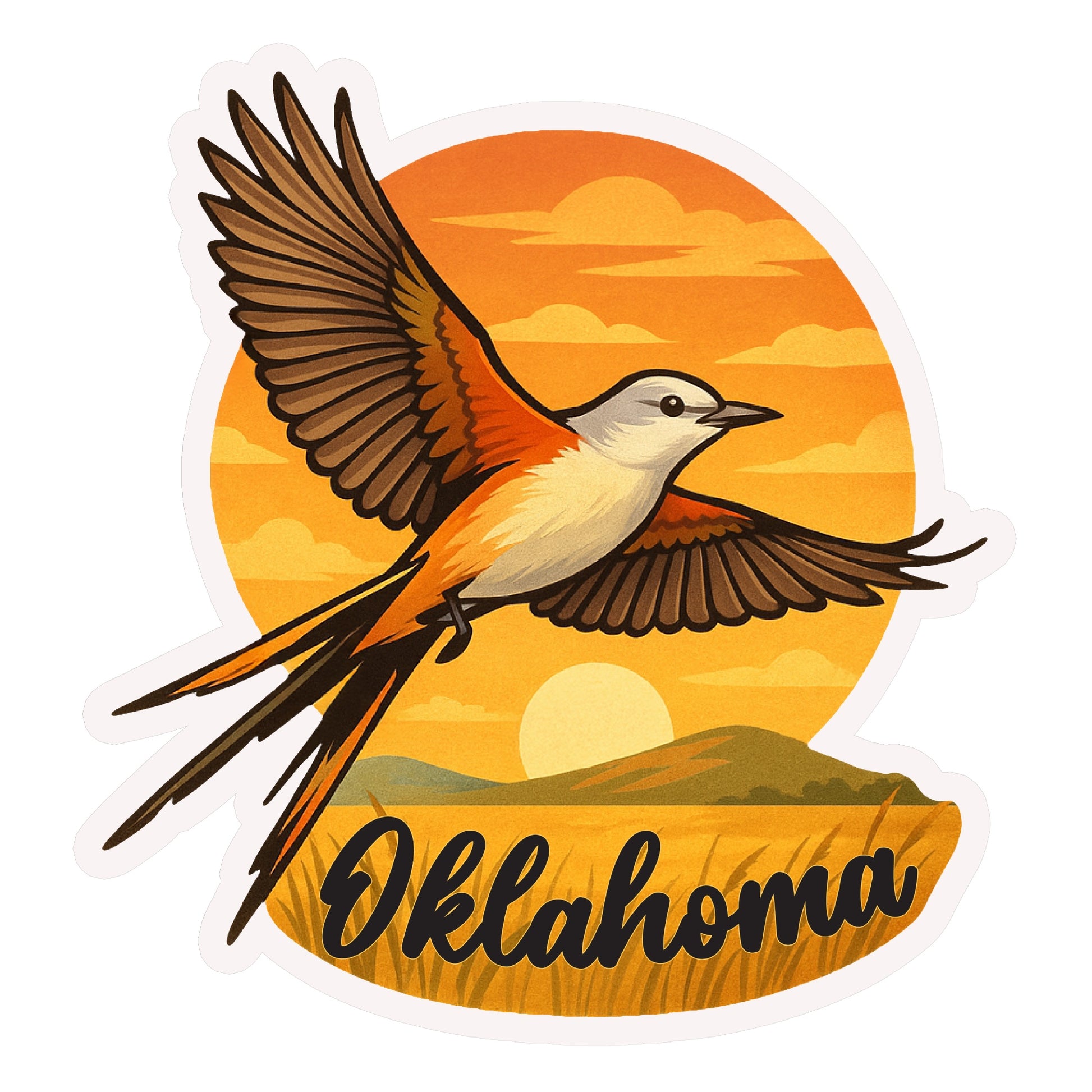Oklahoma scissortail flycatcher sunset sticker showing the state bird in flight over a golden prairie sunset with bold Oklahoma script lettering, colorful Oklahoma souvenir decal for laptops and water bottles
