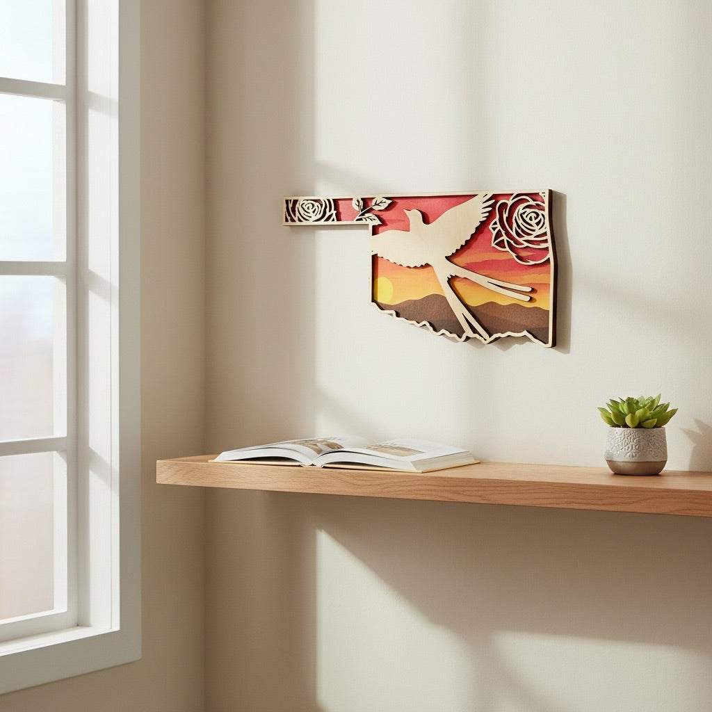 Oklahoma Scissortail Flycatcher wall art displayed in a modern living room featuring layered wood Oklahoma decor with floral details and sunset landscape colors for Oklahoma home decor or souvenir gift