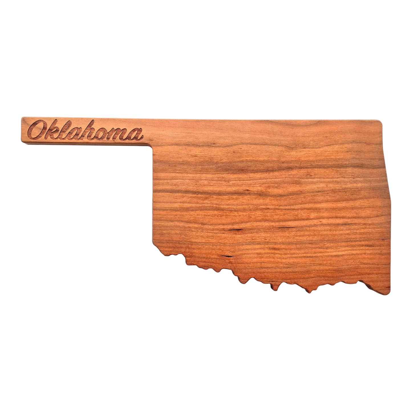 Oklahoma script cherry wood charcuterie board shaped like the state with engraved Oklahoma text on handle, solid cherry serving board for Oklahoma gift or souvenir