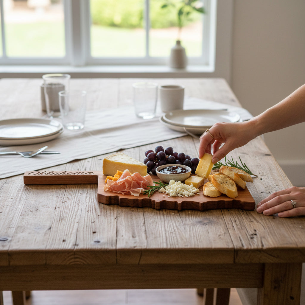 Oklahoma script cherry wood charcuterie board styled with cheese, grapes, crackers, and cured meat on rustic dining table, engraved Oklahoma serving board used for entertaining, housewarming gift, wedding gift, and Oklahoma home decor centerpiece