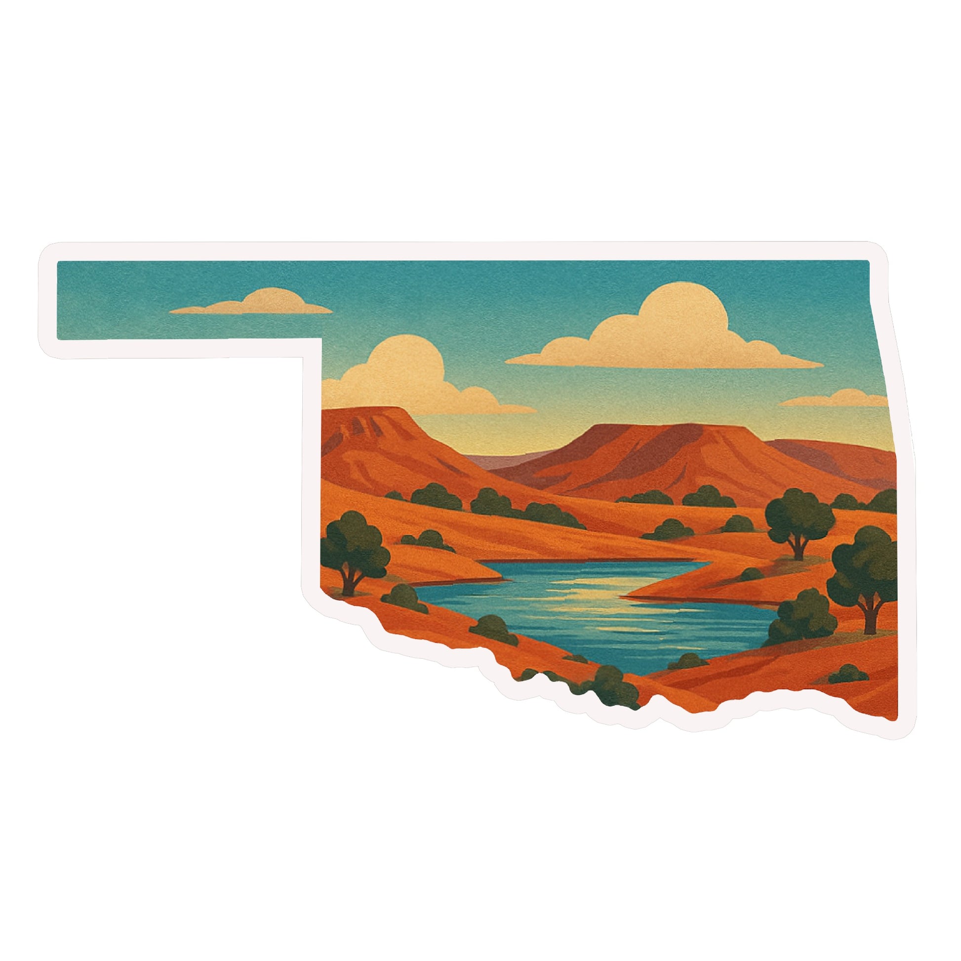 Oklahoma state shaped Black Mesa Lake sticker featuring red mesas, blue lake water, scattered trees, and open sky inside the Oklahoma outline, western Oklahoma travel souvenir decal