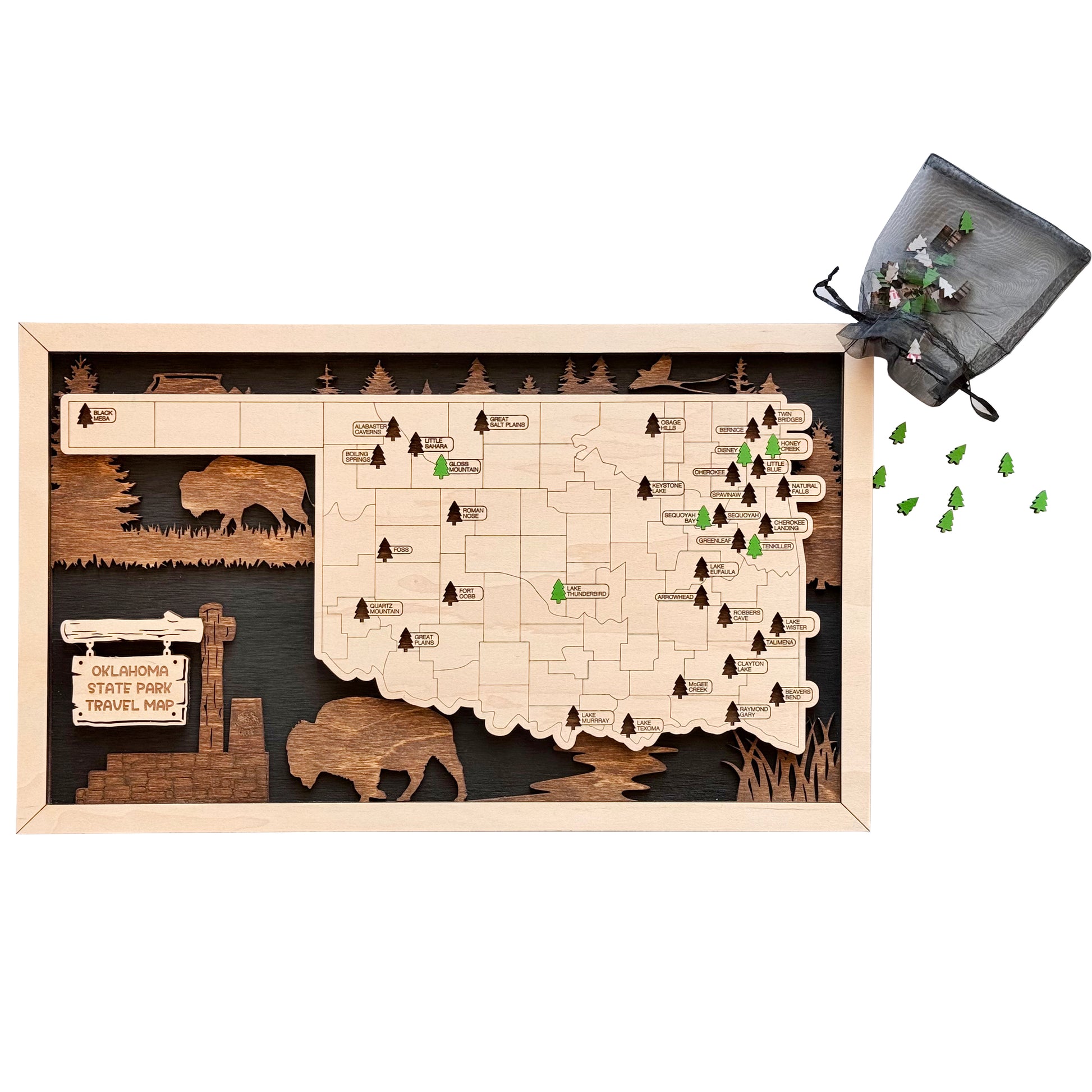 Wooden Oklahoma State Park map with bison and tree-themed decor, highlighting all major state parks.