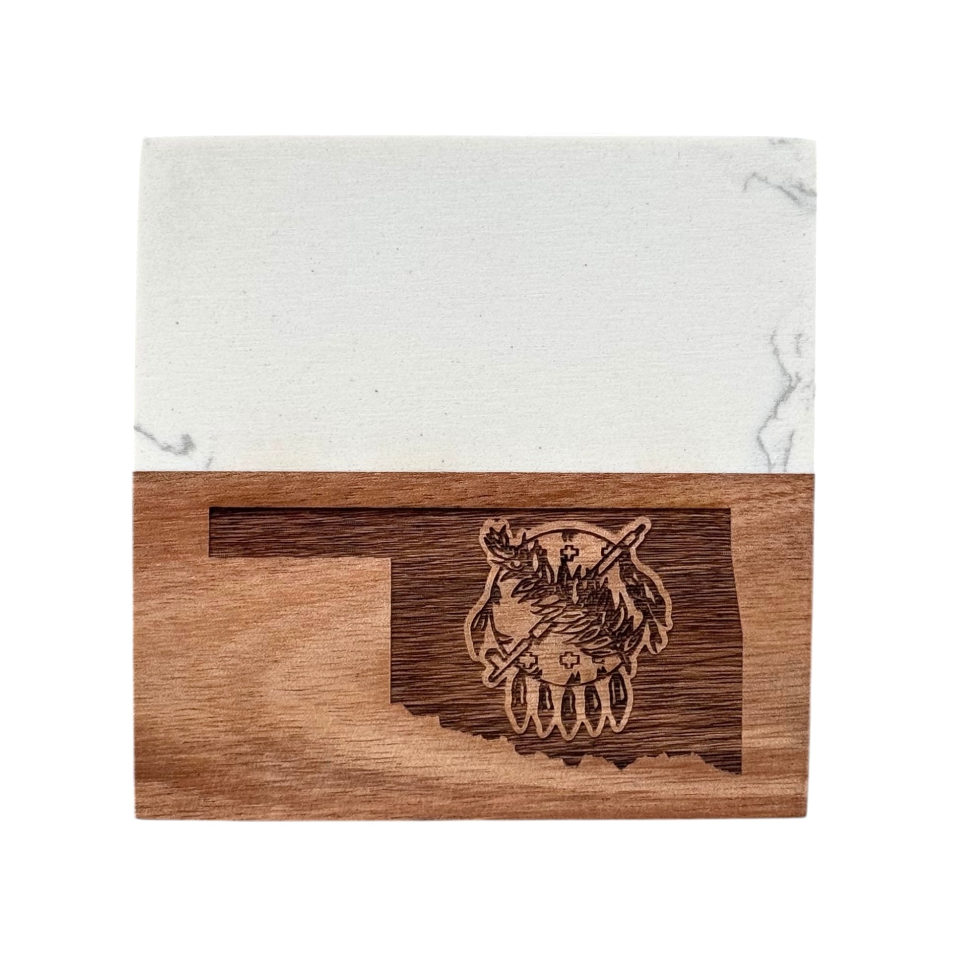 Marble and acacia wood coaster engraved with Oklahoma state outline, Scissortail Flycatcher, and rose details, photographed on white background.