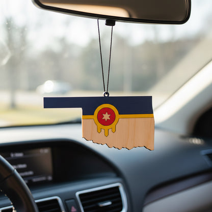 Wooden Oklahoma state car ornament featuring Tulsa flag colors, layered state silhouette with blue, red, and yellow emblem detail, hanging from rearview mirror as a lightweight auto accessory gift for Tulsa locals, Oklahoma travelers, and Route 66 souvenir collectors.