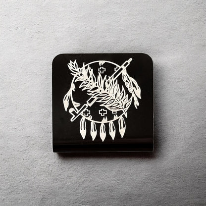 Square aluminum hat clip with Oklahoma symbol design displayed against a neutral background showing engraved line work