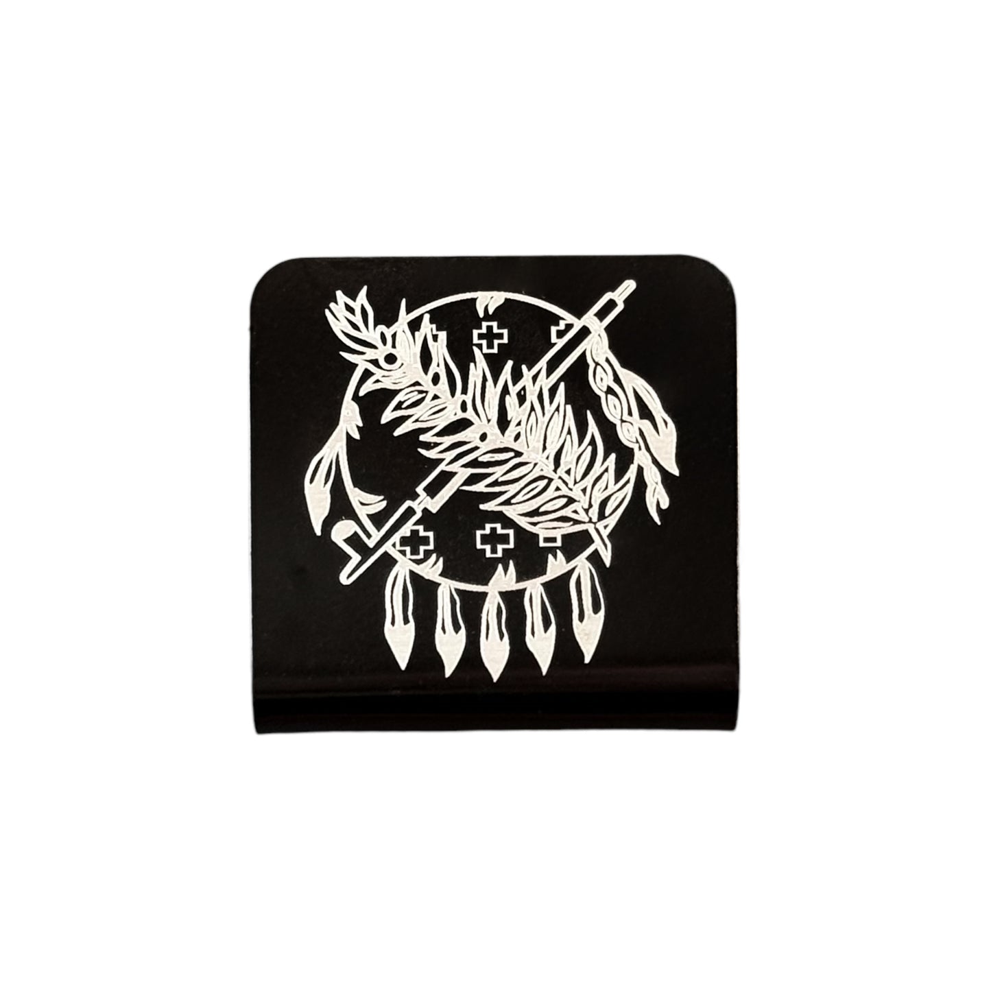 Square aluminum hat clip with engraved Oklahoma symbol design, black powder coated finish with silver laser engraved detail