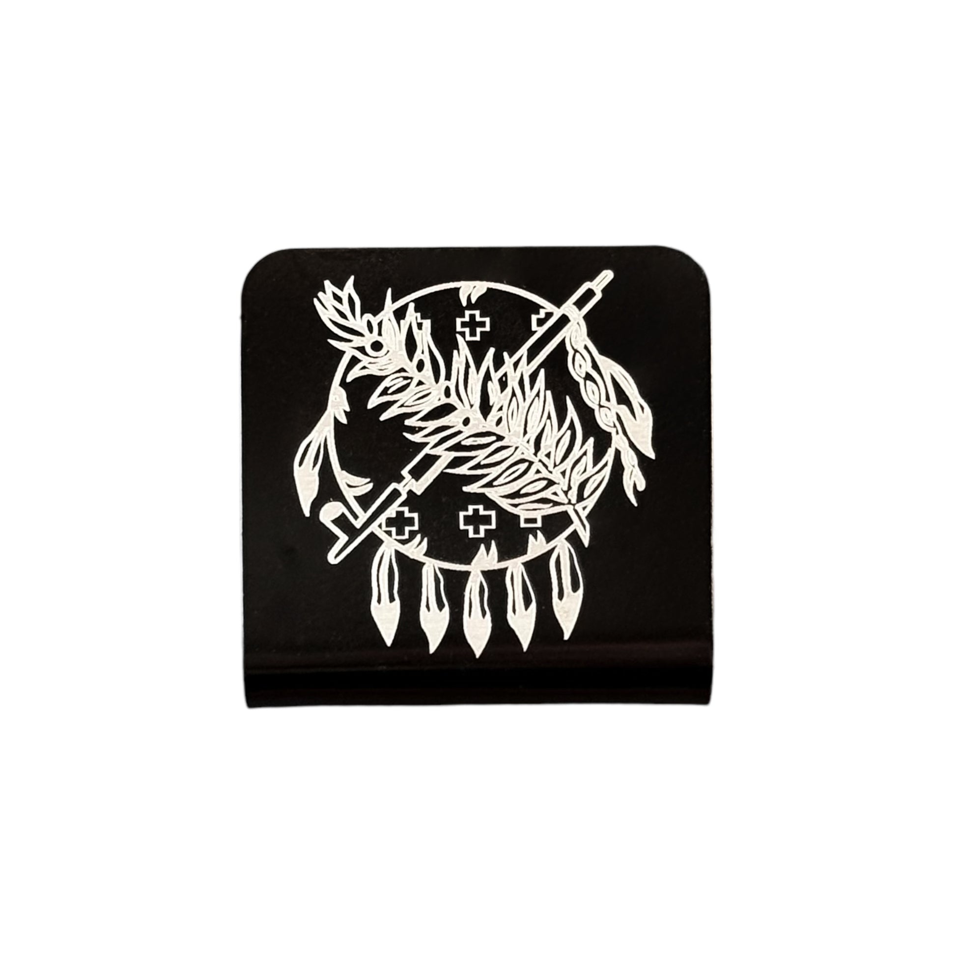 Square aluminum hat clip with engraved Oklahoma symbol design, black powder coated finish with silver laser engraved detail
