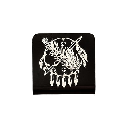 Square aluminum hat clip with engraved Oklahoma symbol design, black powder coated finish with silver laser engraved detail