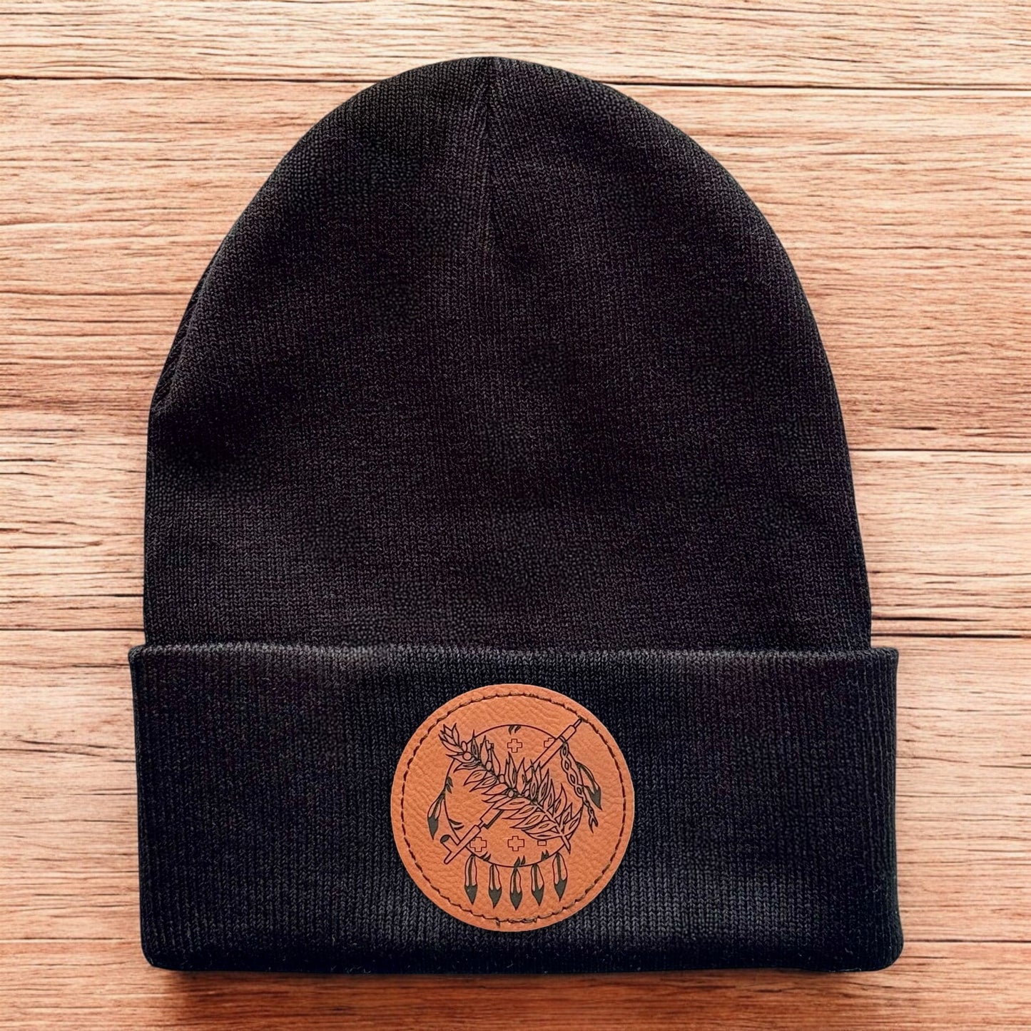 Black Oklahoma symbol beanie with leatherette patch, knit winter hat with engraved feather arrow design, Oklahoma travel gift