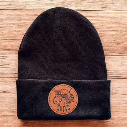 Black Oklahoma symbol beanie with leatherette patch, knit winter hat with engraved feather arrow design, Oklahoma travel gift
