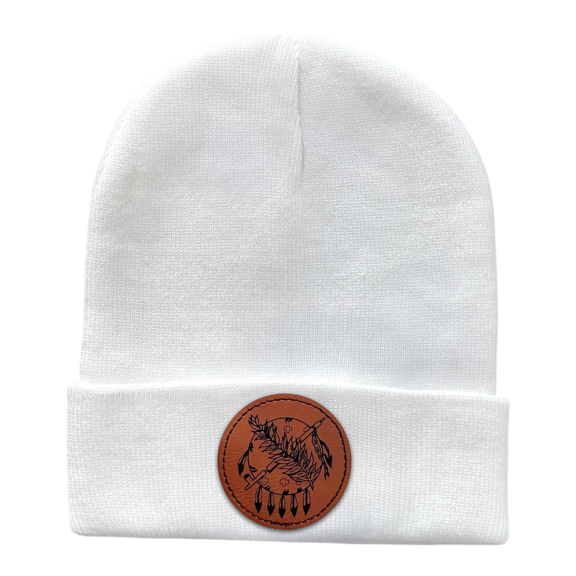 White Oklahoma symbol beanie with engraved leatherette patch, knit cuffed hat featuring feather and arrow design, Oklahoma souvenir winter hat