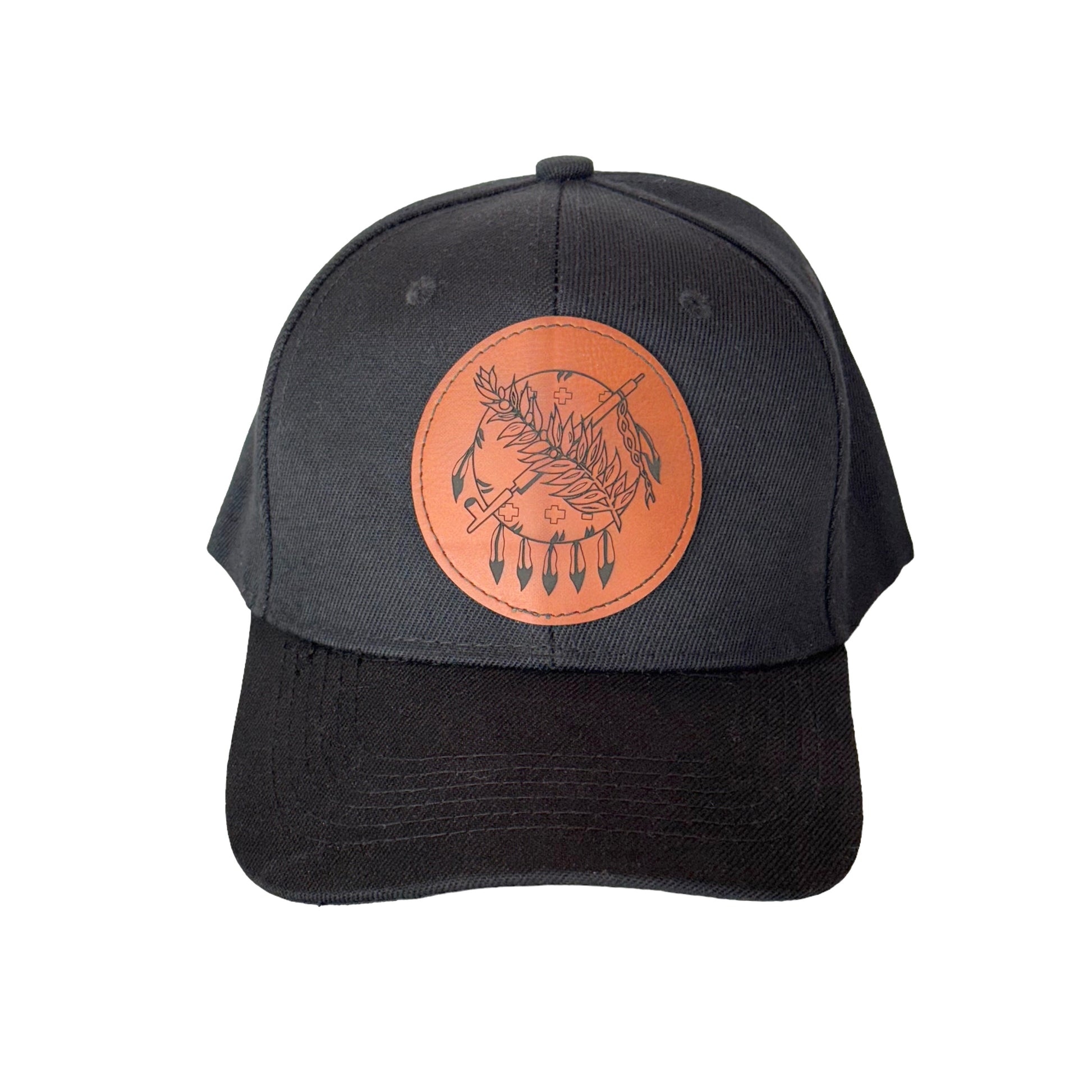 Black velcro hat featuring an Oklahoma symbol on a brown leather patch with adjustable strap
