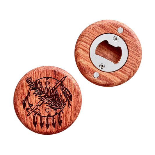 Front and back view of cherry wood magnetic bottle opener with engraved Oklahoma state symbol and stainless steel opener insert