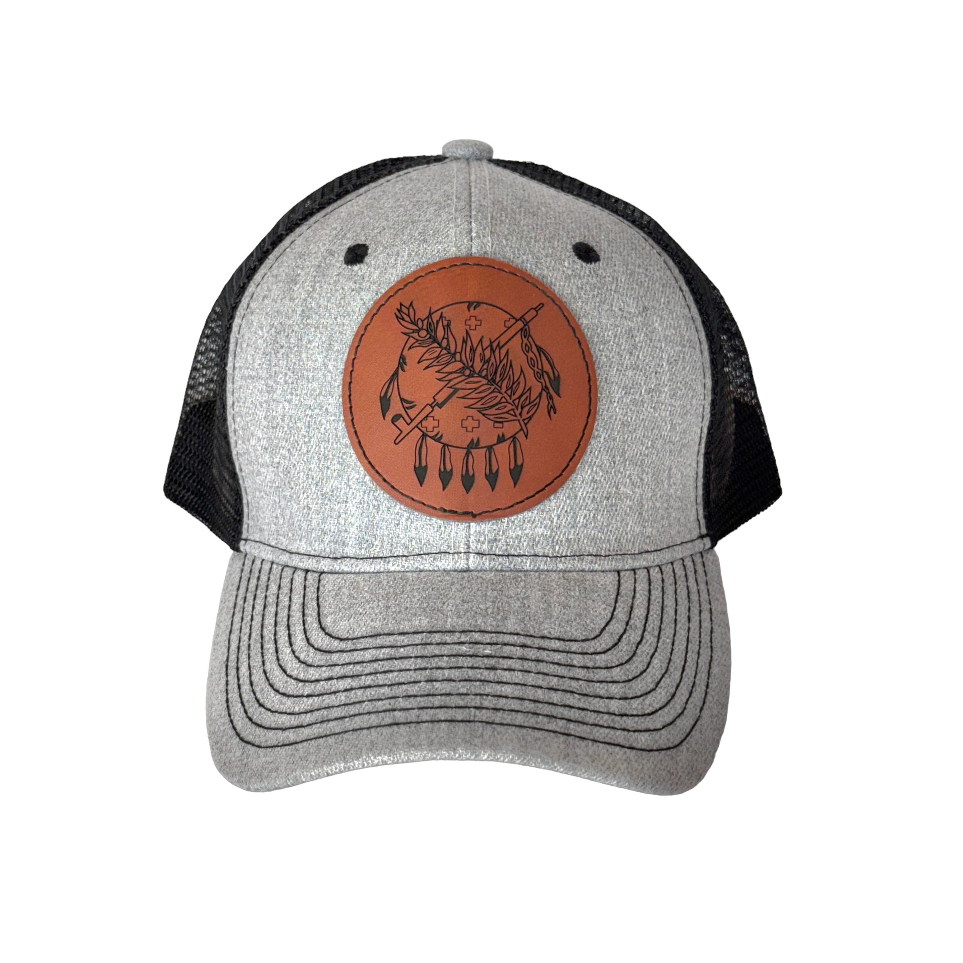 Gray and black Oklahoma symbol hat with round leatherette patch on front, state icon trucker hat with curved bill