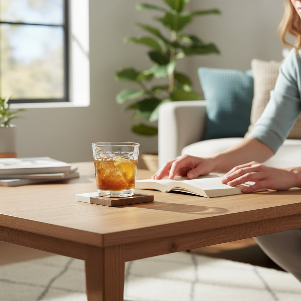 Glass of iced tea with lemon sitting on Oklahoma symbol marble and wood coaster on a wooden coffee table, lifestyle image showing engraved Oklahoma design coaster used as a functional Oklahoma gift and USA souvenir