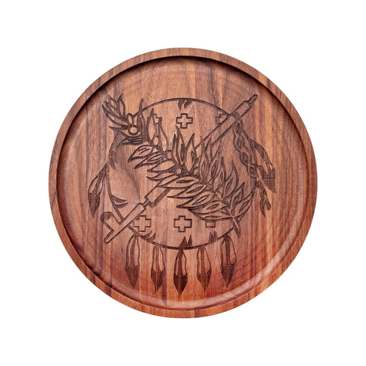 Angled image of Oklahoma symbol walnut tray showcasing intricate laser engraving and routed edge
