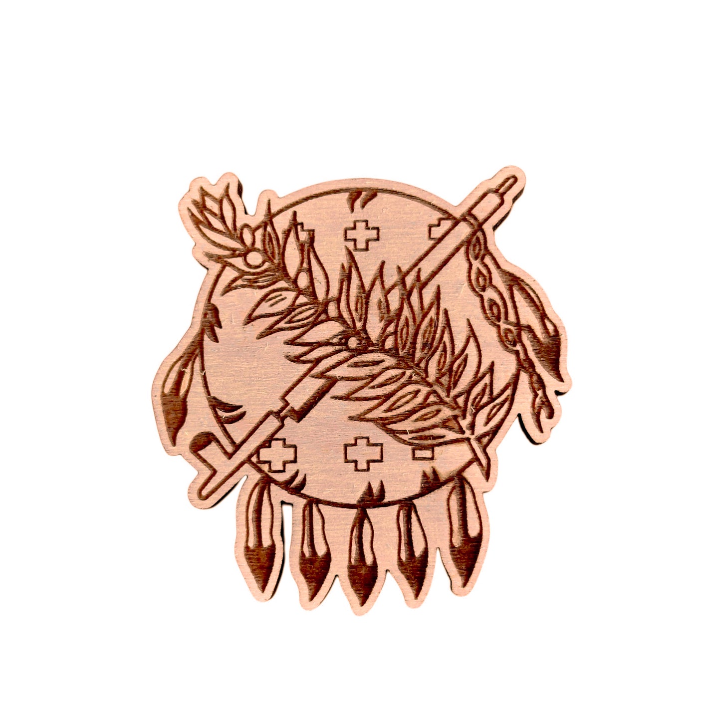 Oklahoma symbol wooden magnet displayed on rustic wood surface, laser engraved Oklahoma emblem magnet for Oklahoma gift or travel souvenir