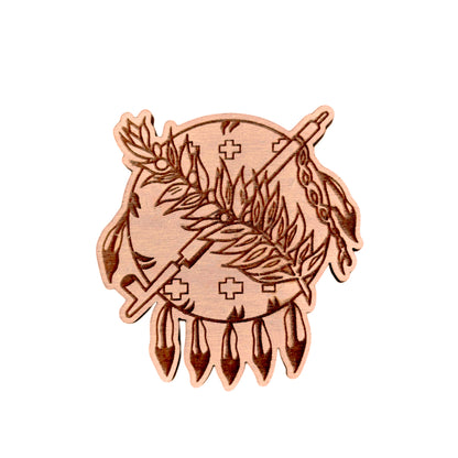 Oklahoma symbol wooden magnet displayed on rustic wood surface, laser engraved Oklahoma emblem magnet for Oklahoma gift or travel souvenir