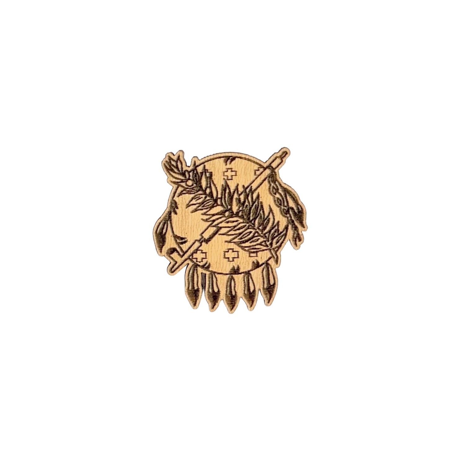 Oklahoma symbol wooden lapel pin showing engraved shield and feather design, laser cut wood pin used as Oklahoma souvenir or state pride accessory