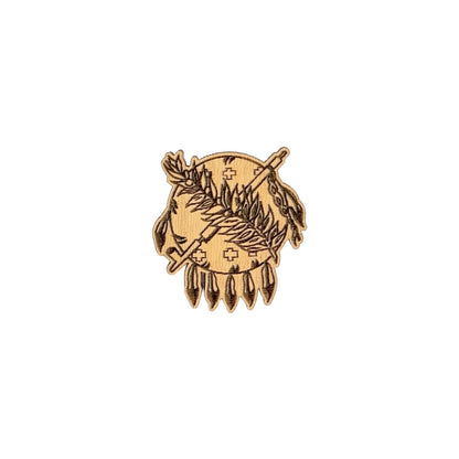 Oklahoma symbol wooden lapel pin showing engraved shield and feather design, laser cut wood pin used as Oklahoma souvenir or state pride accessory