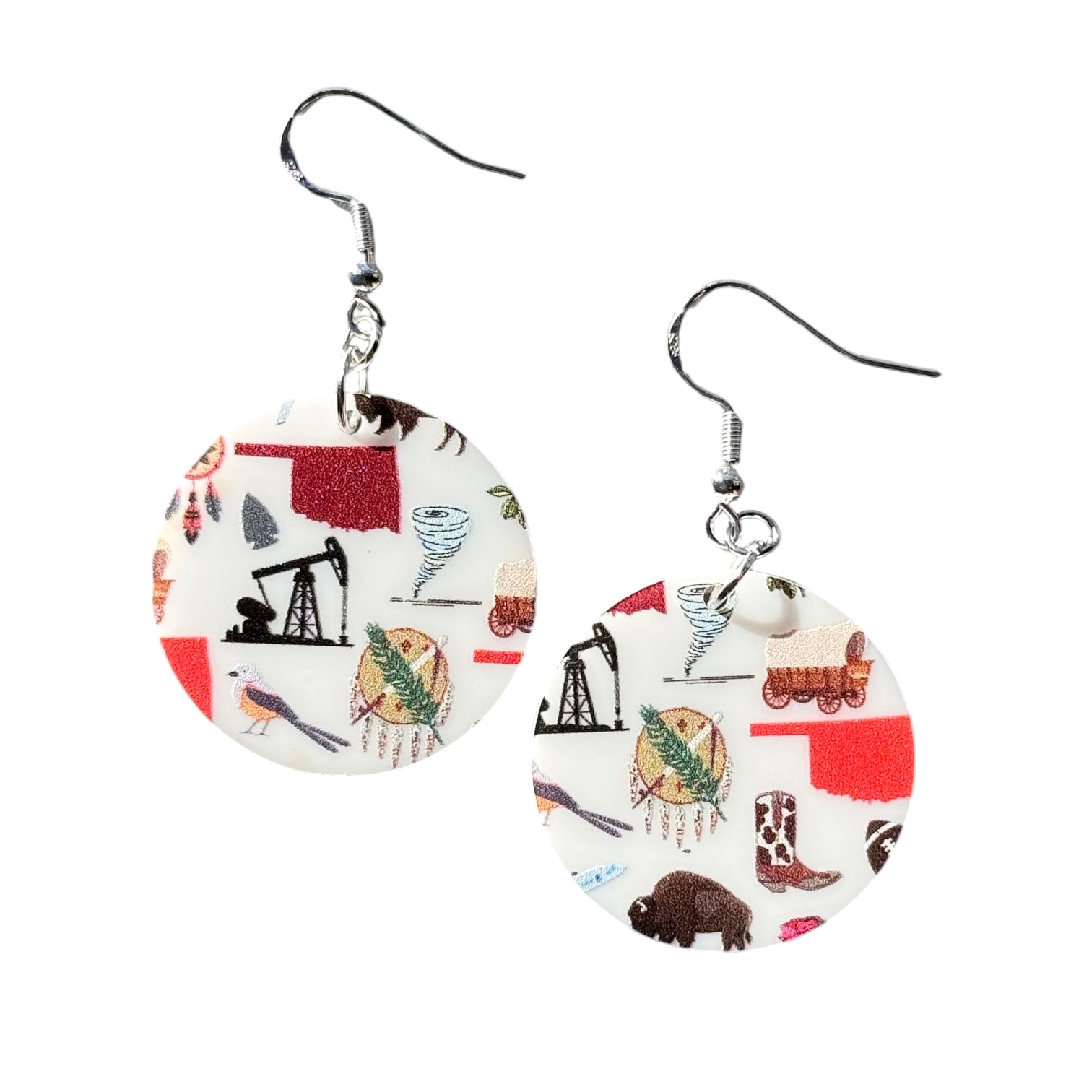 Round acrylic Oklahoma symbol earrings with printed pattern showing state outline, bison, oil pump jack, rose, and Scissortail Flycatcher on white background