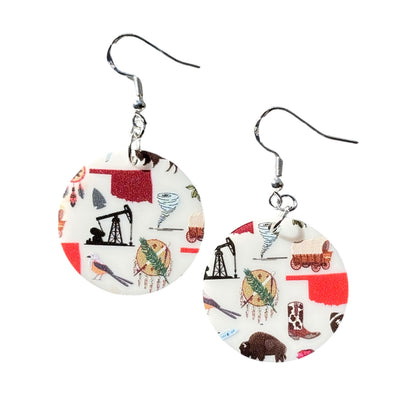 Round acrylic Oklahoma symbol earrings with printed pattern showing state outline, bison, oil pump jack, rose, and Scissortail Flycatcher on white background