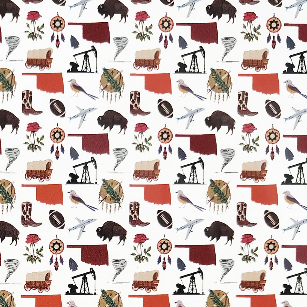 Pattern view of Oklahoma symbols printed pattern on acrylic earrings featuring bison, wagon, tornado, oil pump jack, rose, and state outline