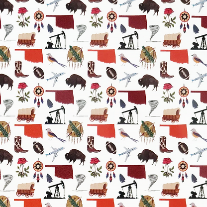 Pattern view of Oklahoma symbols printed pattern on acrylic earrings featuring bison, wagon, tornado, oil pump jack, rose, and state outline