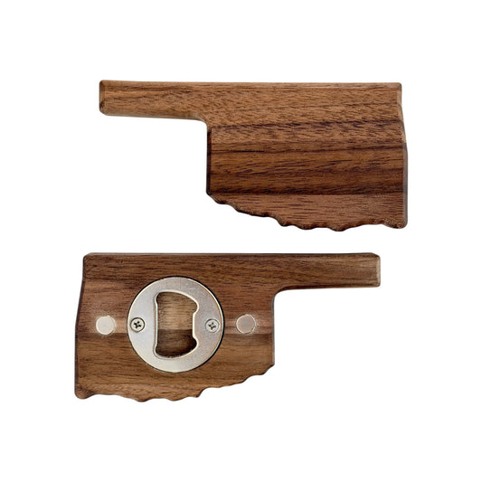 Front and back view of Oklahoma shaped walnut magnetic bottle opener with natural wood grain, metal opener hardware, and magnetic cap catcher, handcrafted Oklahoma souvenir gift for home bars and Route 66 travelers