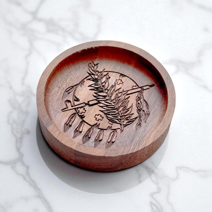 Angled view of a solid walnut ring tray with engraved Oklahoma symbol, small wooden tray for jewelry storage or Oklahoma themed gift