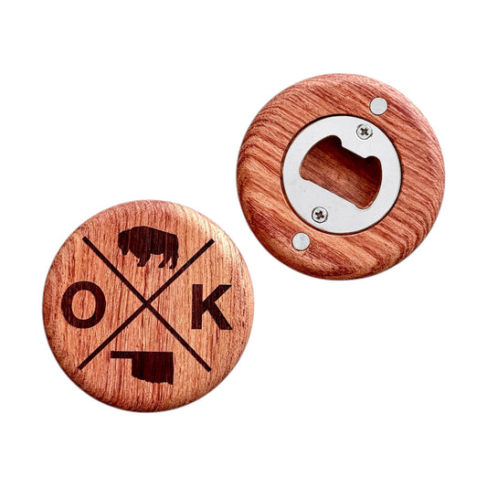 Round Oklahoma wood bottle opener magnet showing engraved OK design with bison silhouette and state shape on front and metal opener with magnets on back, practical Oklahoma gift and fridge accessory