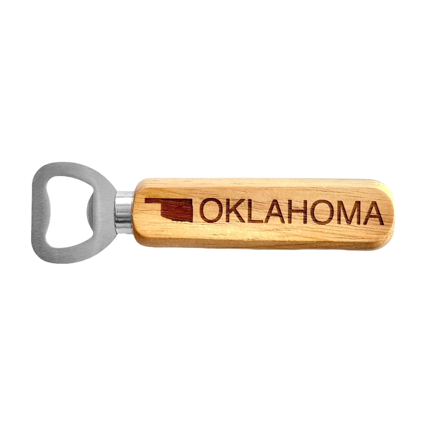 Oklahoma wooden bottle opener with laser engraved state outline and OKLAHOMA text, Oklahoma souvenir bottle opener with solid metal opener head