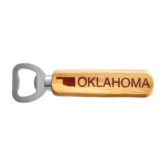 Oklahoma wooden bottle opener with laser engraved state outline and OKLAHOMA text, Oklahoma souvenir bottle opener with solid metal opener head