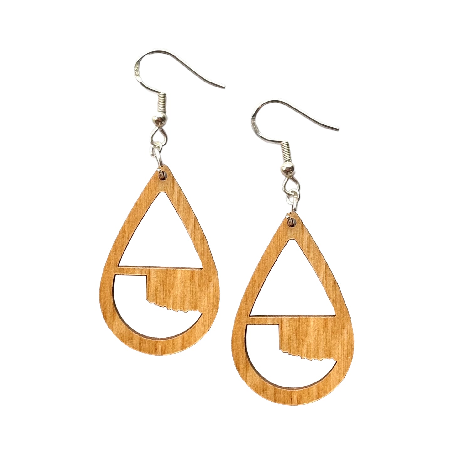 Oklahoma wooden teardrop earrings with state cutout made from laser cut wood, lightweight earrings with sterling silver fishhook ear wires for Oklahoma gift or souvenir