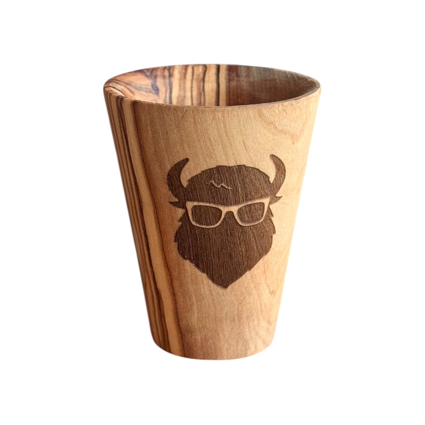 Olive wood shot glass engraved with Curious Bison logo, natural wood grain barware shot glass made as a Tulsa Oklahoma souvenir