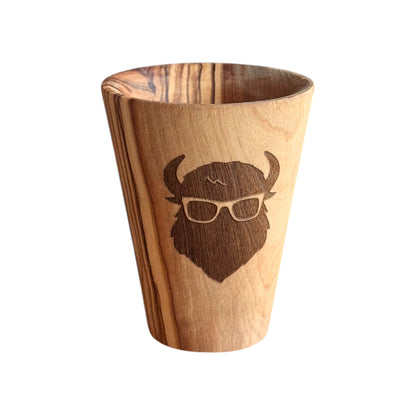 Olive wood shot glass engraved with Curious Bison logo, natural wood grain barware shot glass made as a Tulsa Oklahoma souvenir