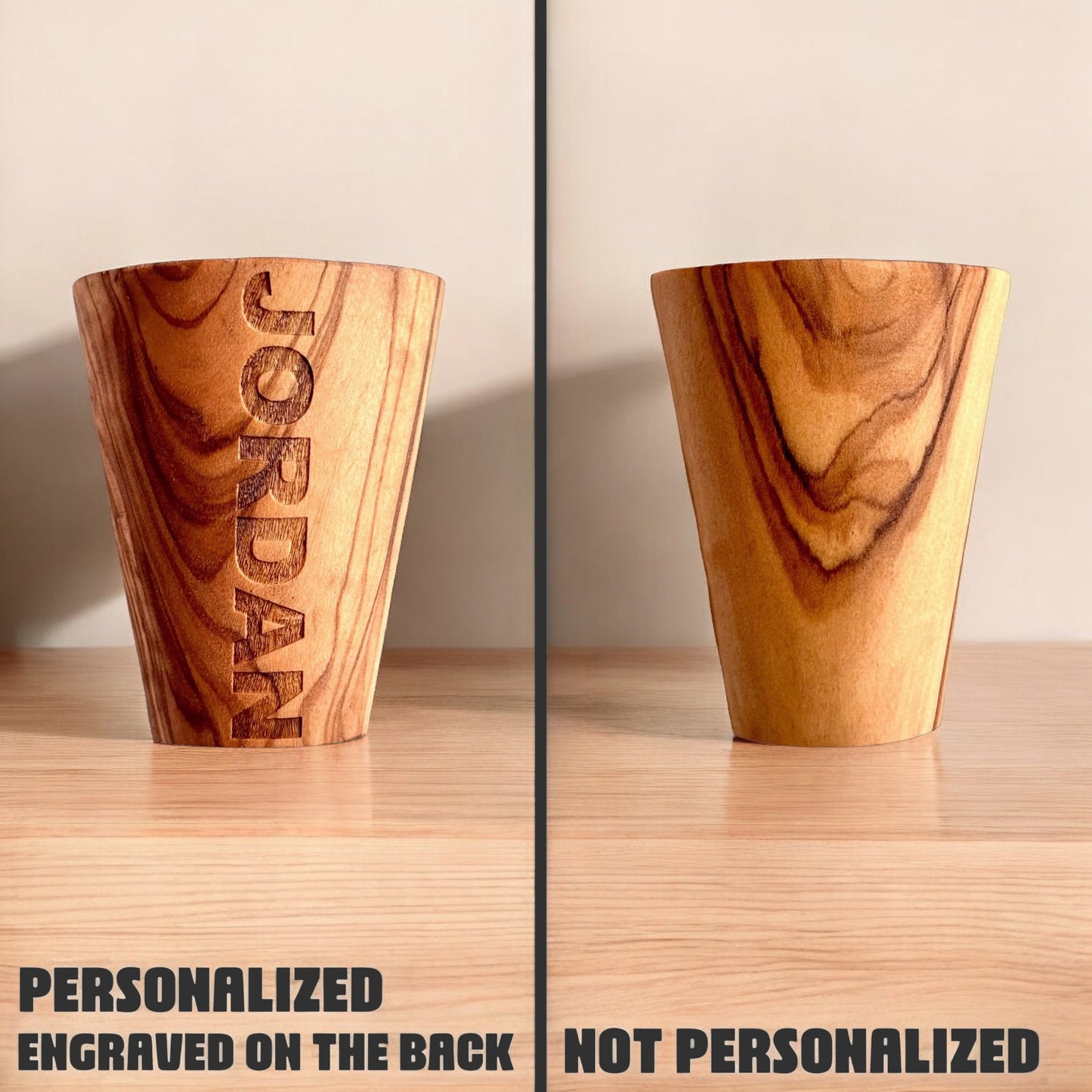 Comparison of personalized and non personalized olive wood shot glass showing engraved name option on back
