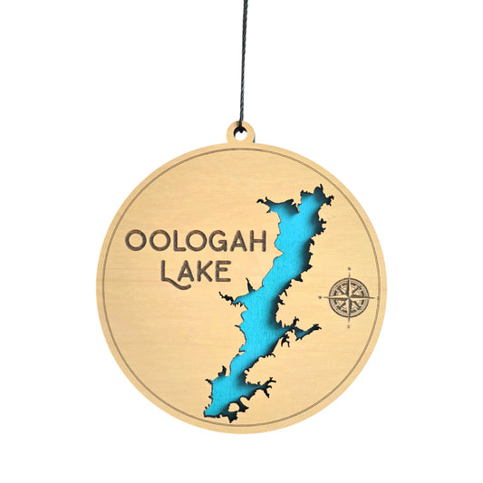 Oologah Lake wooden ornament with layered lake map design, round laser cut wood ornament showing blue painted water layer beneath engraved wood top, Oklahoma lake souvenir gift