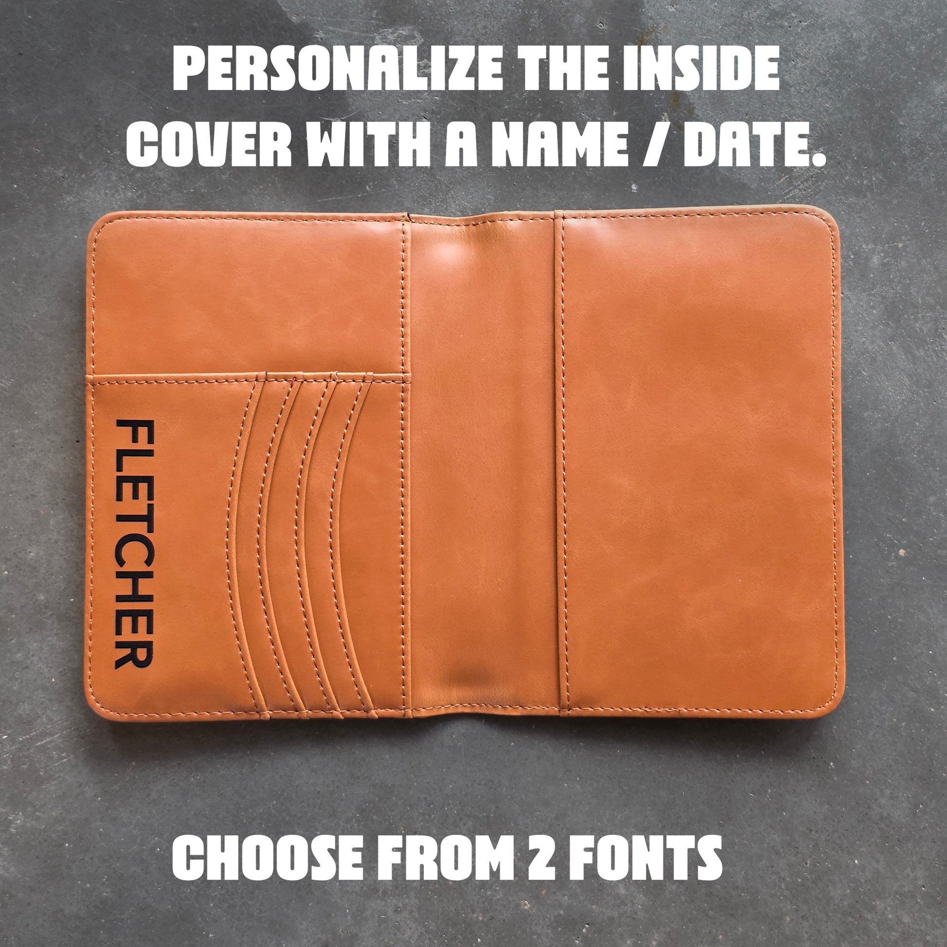  Interior view of brown leatherette passport wallet with card slots and passport pocket, organized travel document holder with slim fold design