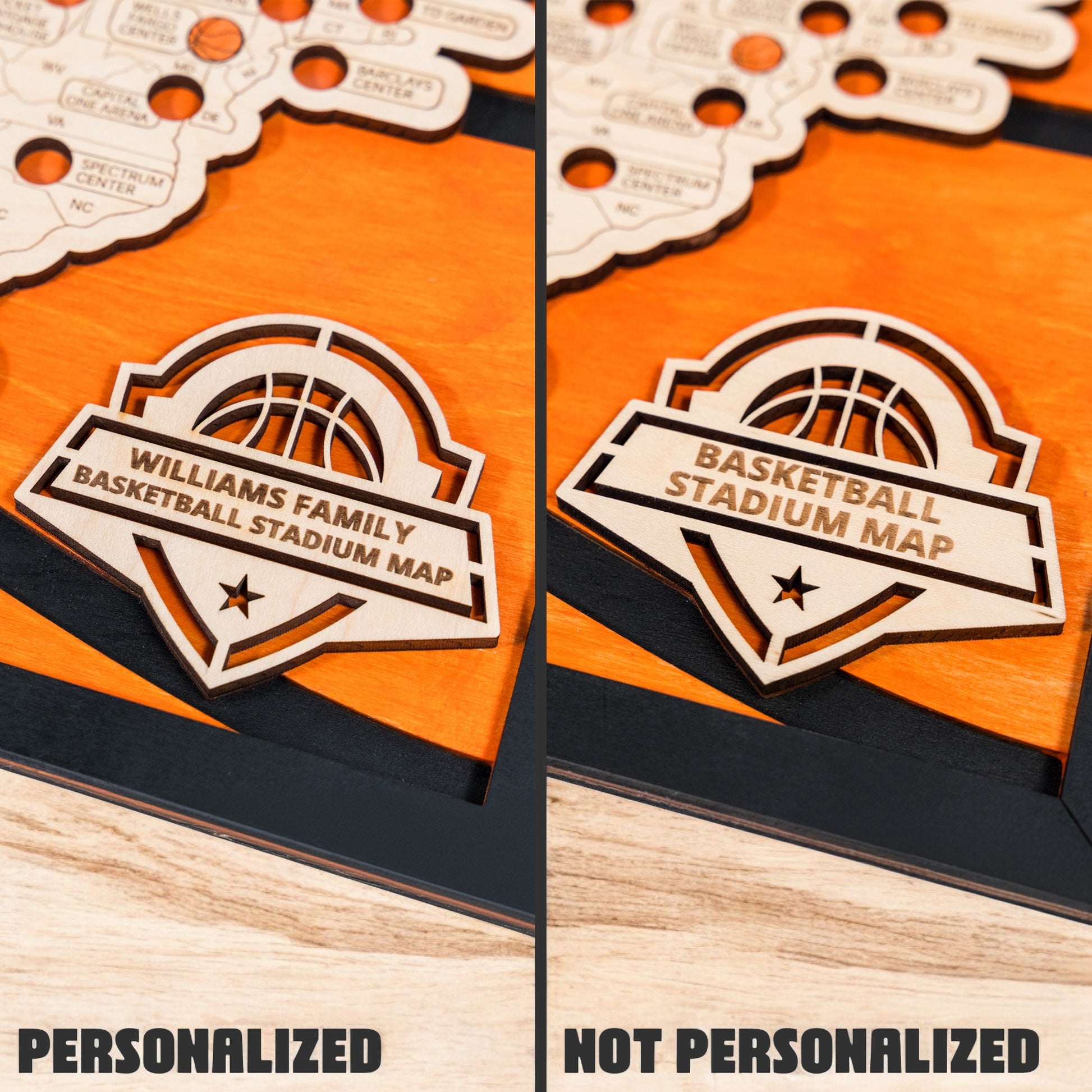 Personalized wooden basketball stadium map showing custom family name badge
