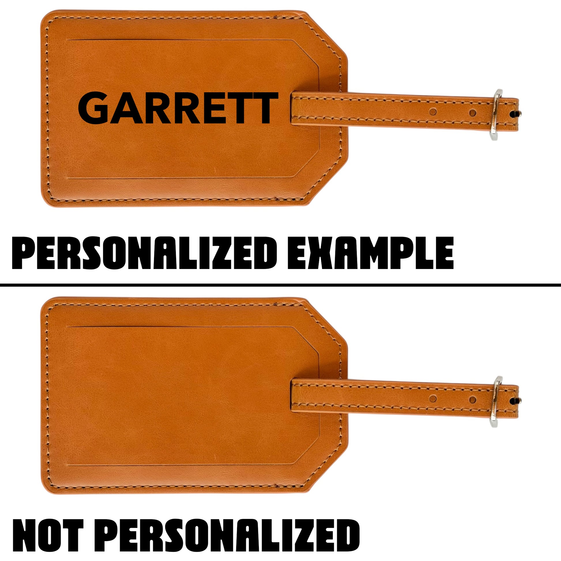 Back view of tan Oklahoma adventure leatherette luggage tag showing optional personalized name placement and an example without personalization for a custom traveler gift