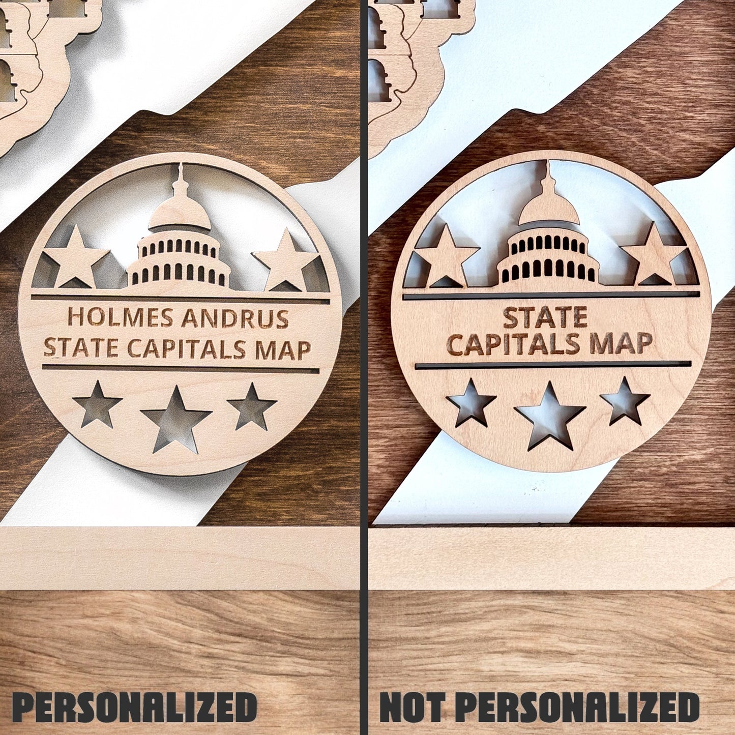 Close up of personalized USA state capitals wooden map with custom name badge and Capitol design
