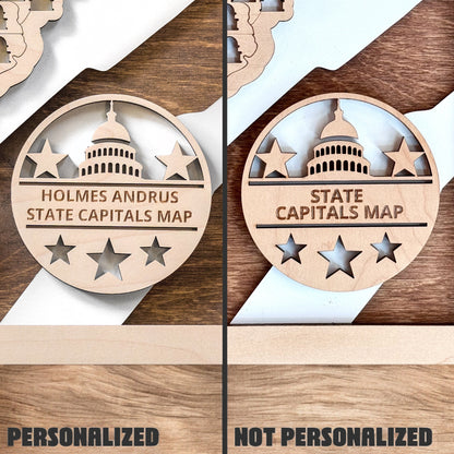 Close up of personalized USA state capitals wooden map with custom name badge and Capitol design
