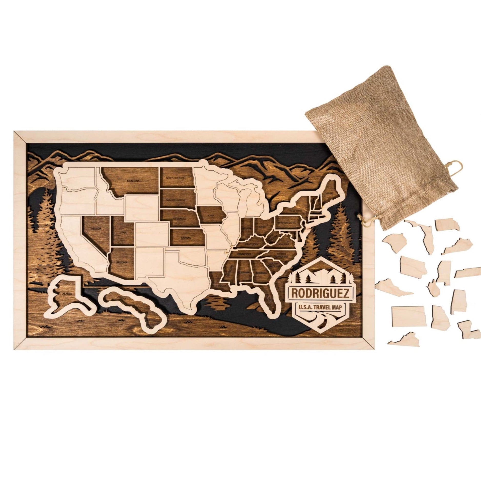 Close-up view of the personalized USA map with a rugged mountain background and intricate state details.